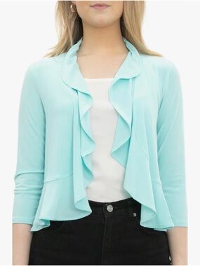 Nina Leonard Aqua Blue Drape Cardigan 1X Ruffle Open Front Stretch